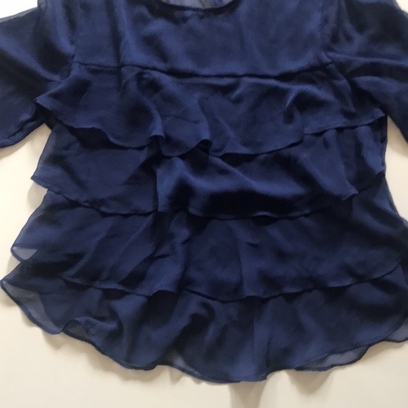 🎃LOFT- Navy Blue Sheer Ruffled Tier Shirt-M - Picture 2 of 14
